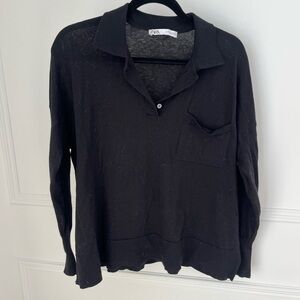 Zara Black Collared Knit Top with Chest Pocket